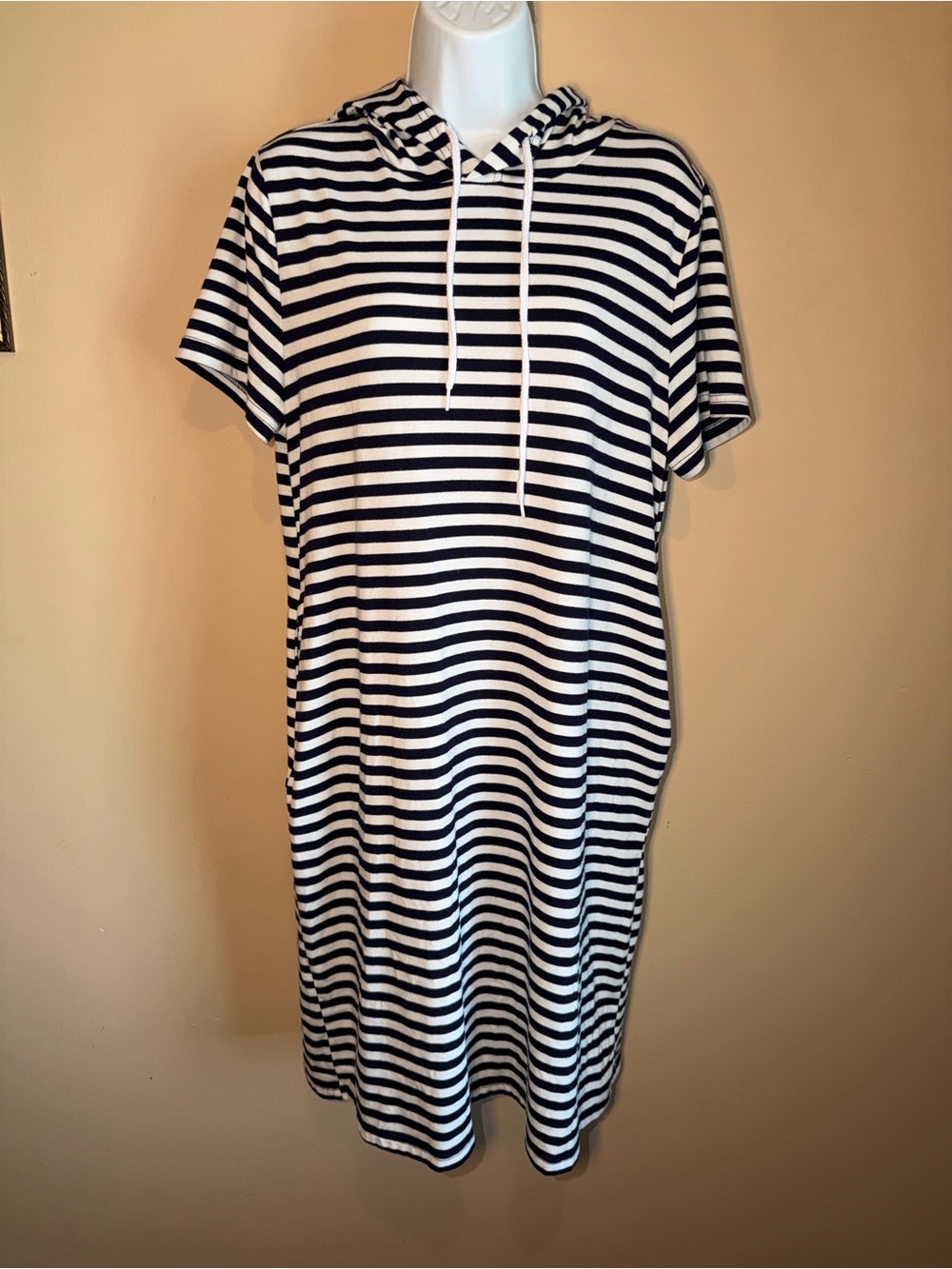 West Loop Women’s Navy and White Striped Hooded T-Shirt Dress with Pockets